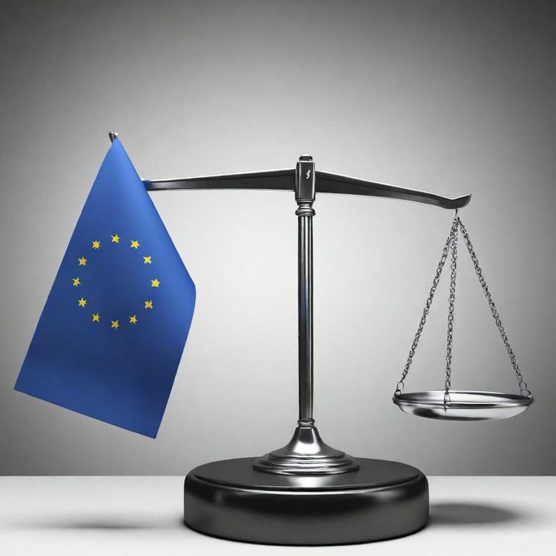 Waage mit blauer EU-Flagge, symbolisiert Gerechtigkeit und europäische Werte.